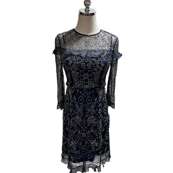 Needle & Thread Linear Butterfly Beaded Sheer Mesh Shift Dress Sz 4 India Made - Picture 2 of 16